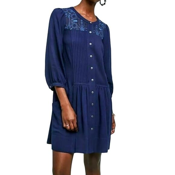 ANTHROPOLOGIE $148 Dubois Blue Embroidered Pleated Button-Up Tunic Dress Size 2 - Picture 1 of 6
